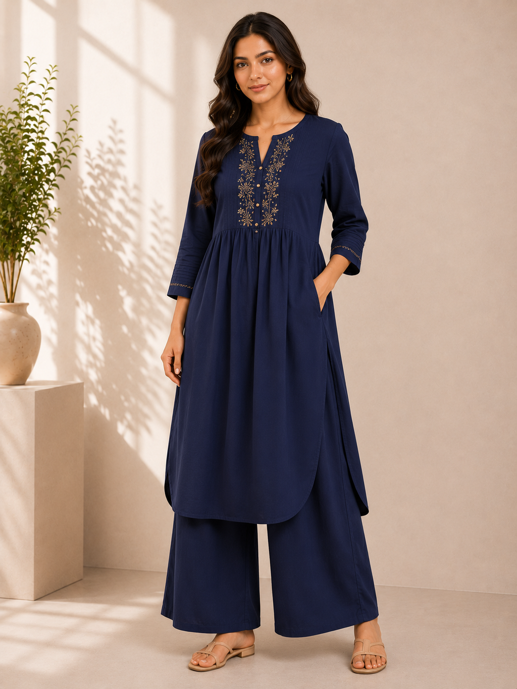 Midnight Bloom Embroidered Cotton Kurta & Palazzo Set – Navy Blue