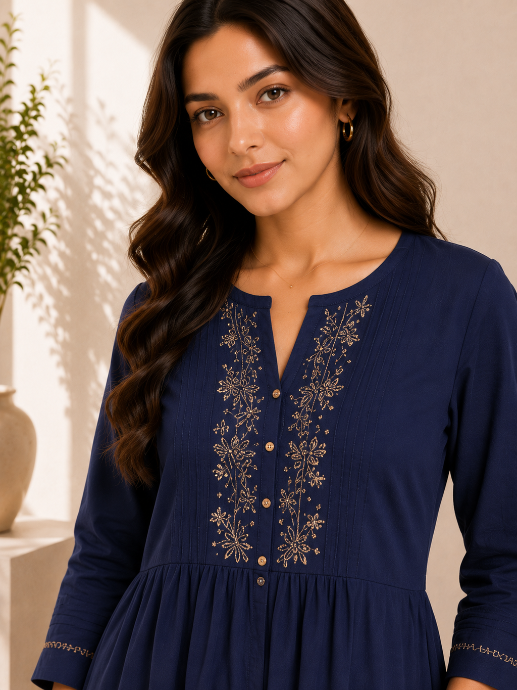 Midnight Bloom Embroidered Cotton Kurta & Palazzo Set – Navy Blue