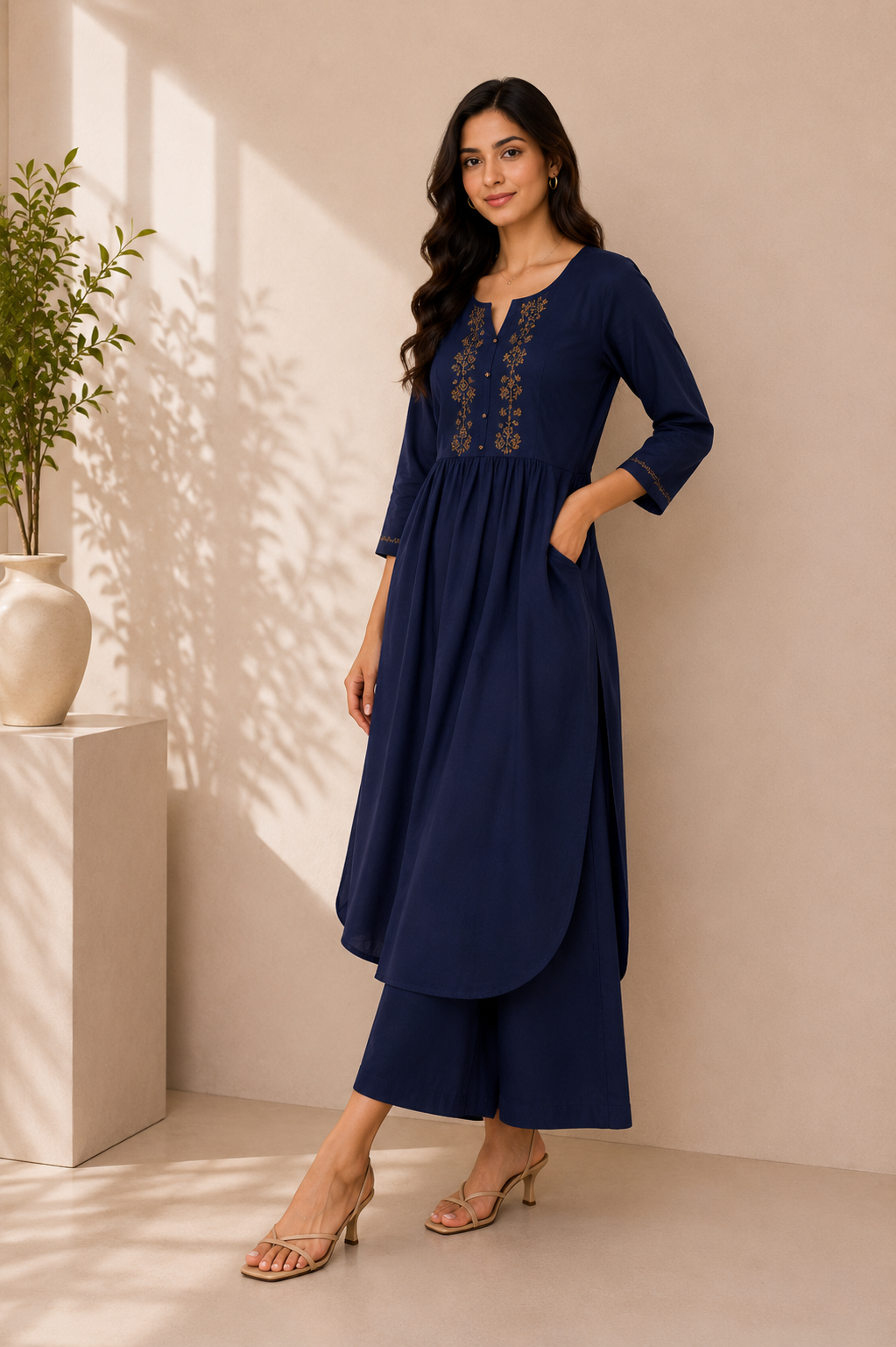 Midnight Bloom Embroidered Cotton Kurta & Palazzo Set – Navy Blue