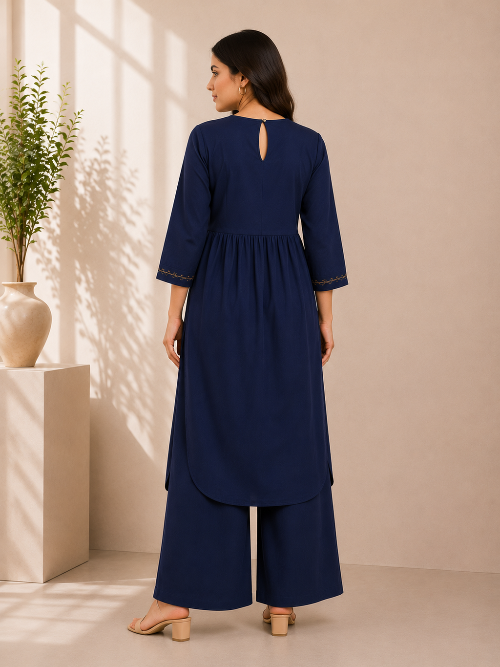 Midnight Bloom Embroidered Cotton Kurta & Palazzo Set – Navy Blue