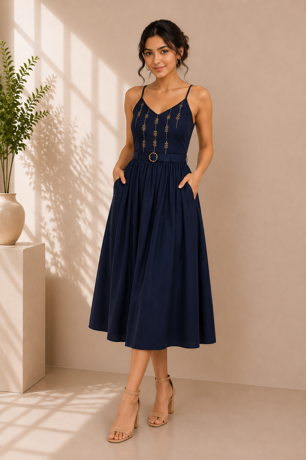 Midnight Grace Embroidered Cotton Midi Dress – Navy Blue