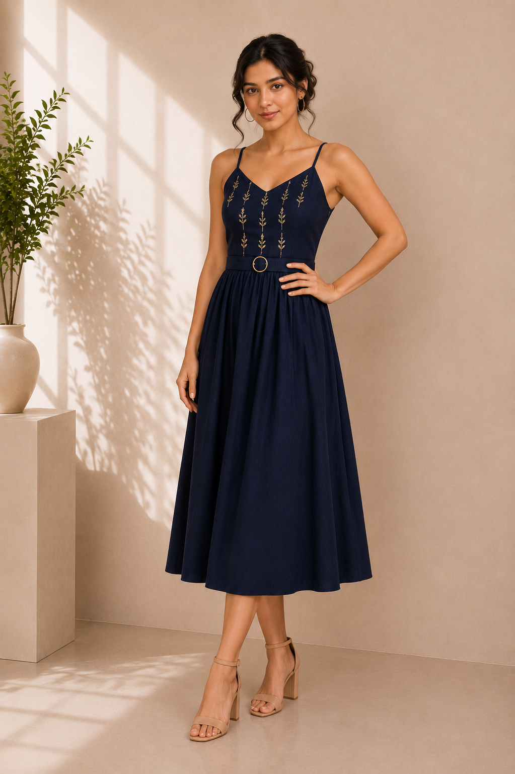 Midnight Grace Embroidered Cotton Midi Dress – Navy Blue