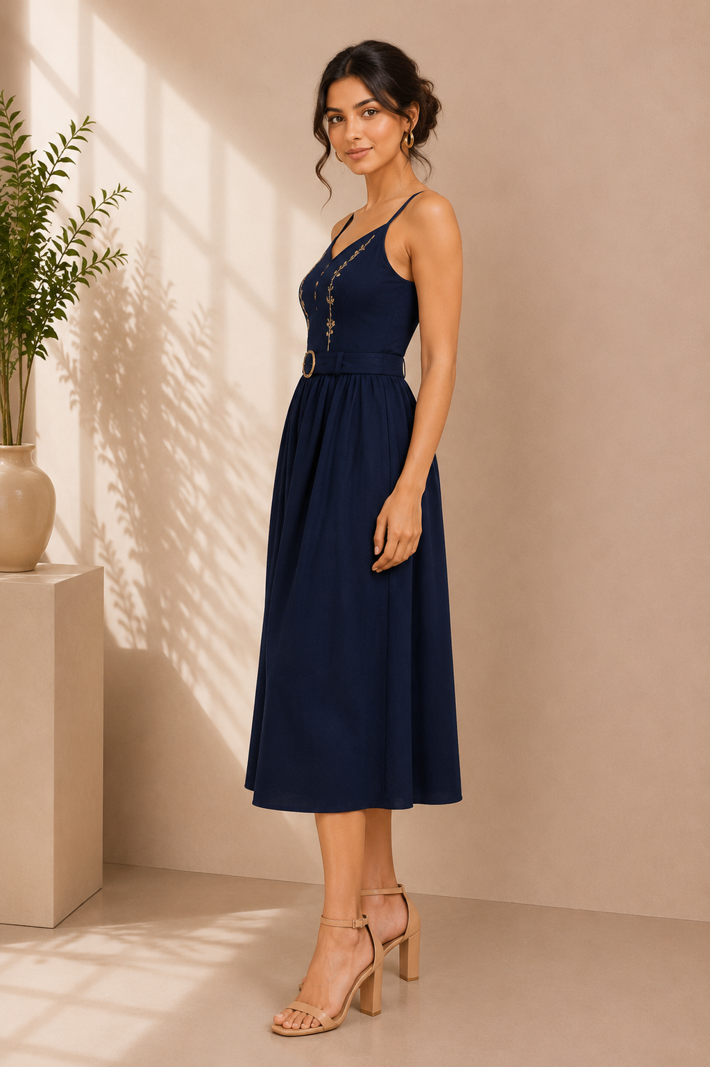 Midnight Grace Embroidered Cotton Midi Dress – Navy Blue