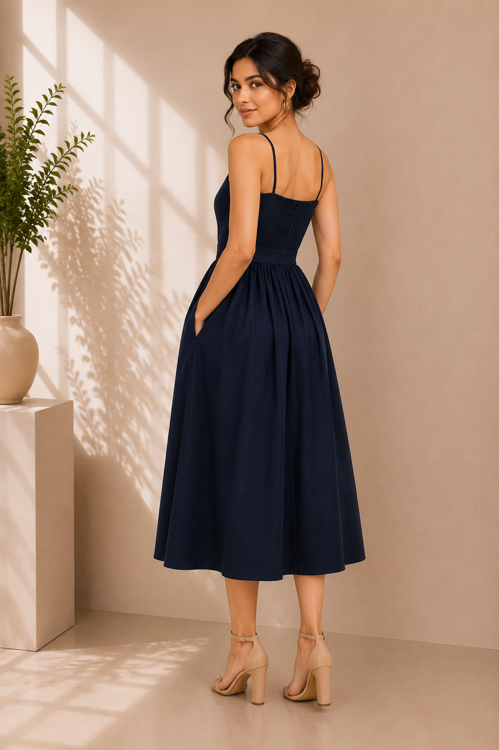 Midnight Grace Embroidered Cotton Midi Dress – Navy Blue