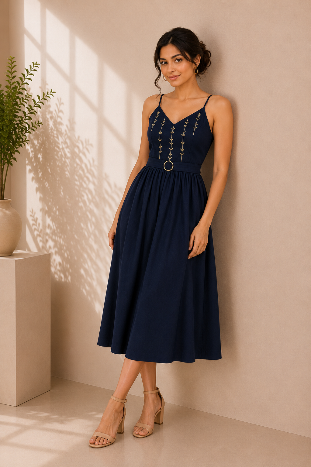 Midnight Grace Embroidered Cotton Midi Dress – Navy Blue