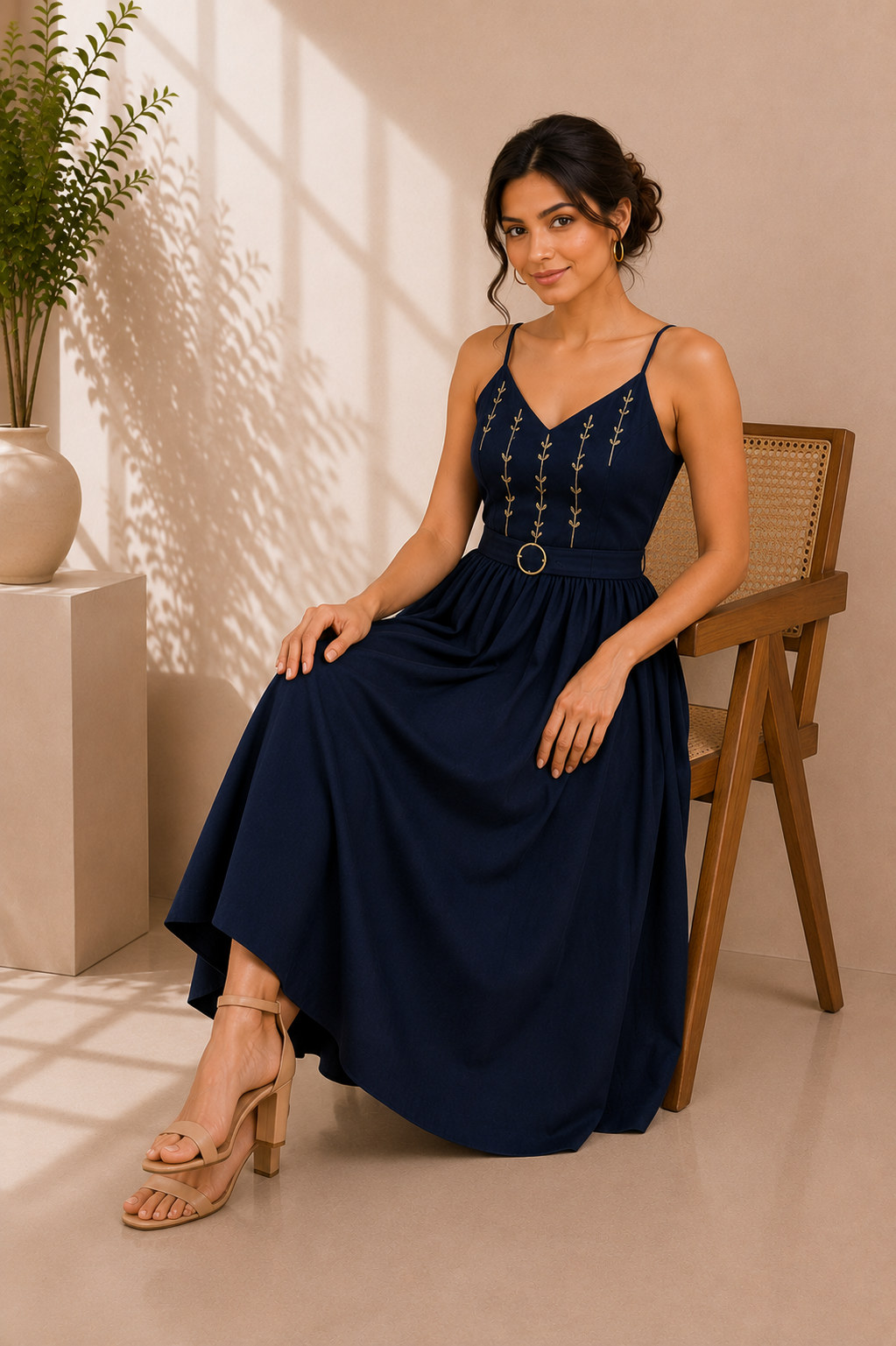 Midnight Grace Embroidered Cotton Midi Dress – Navy Blue