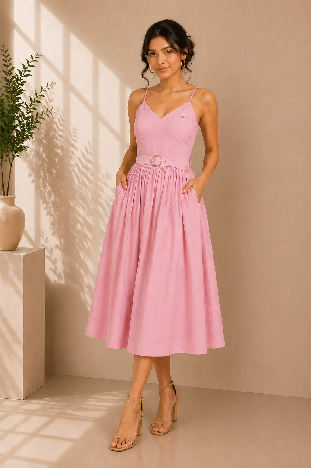 Blush Bloom Cotton Midi Dress – Baby Pink