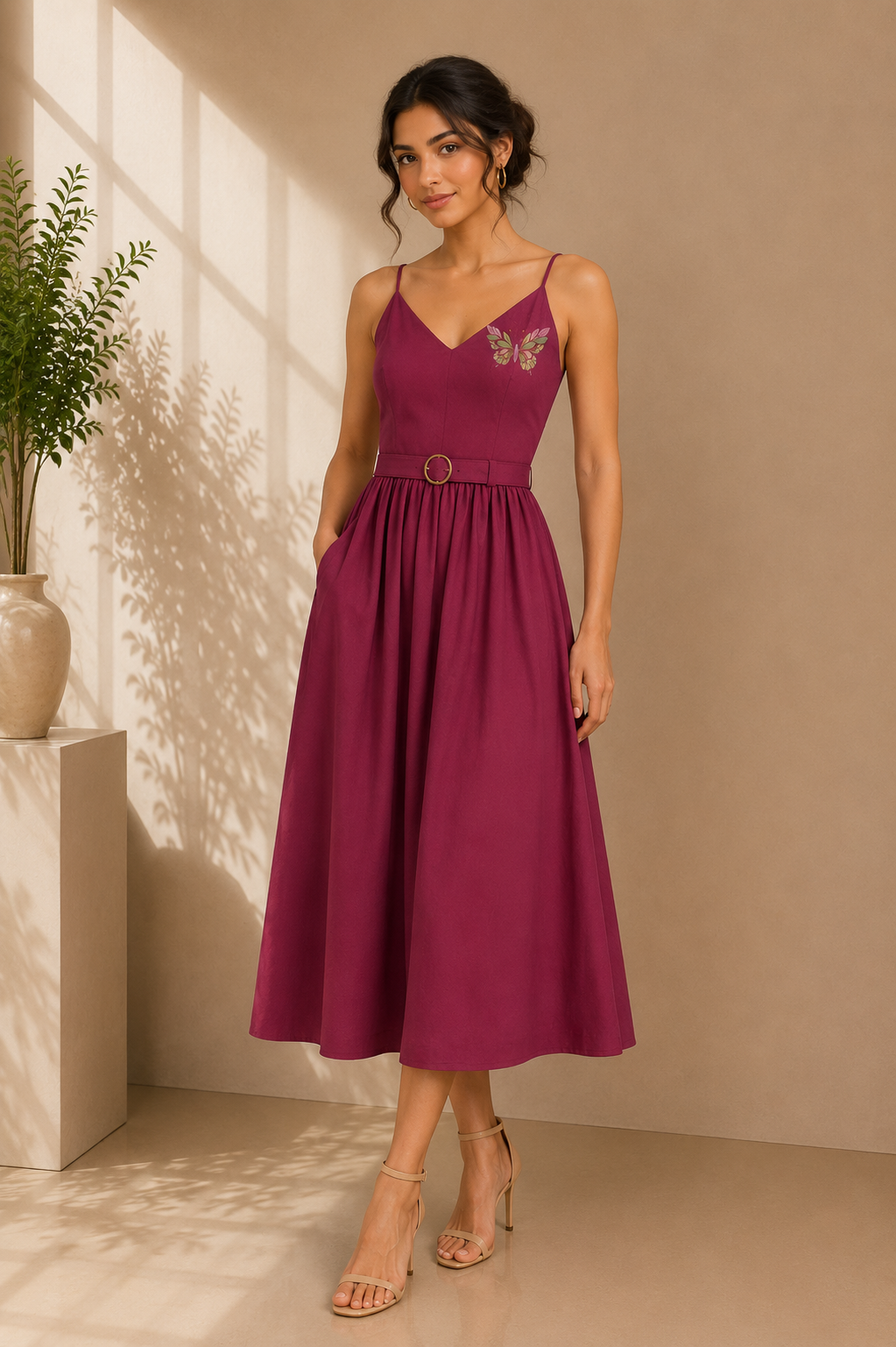 Butterfly Embroidered Cotton Midi Dress – Wine Bloom