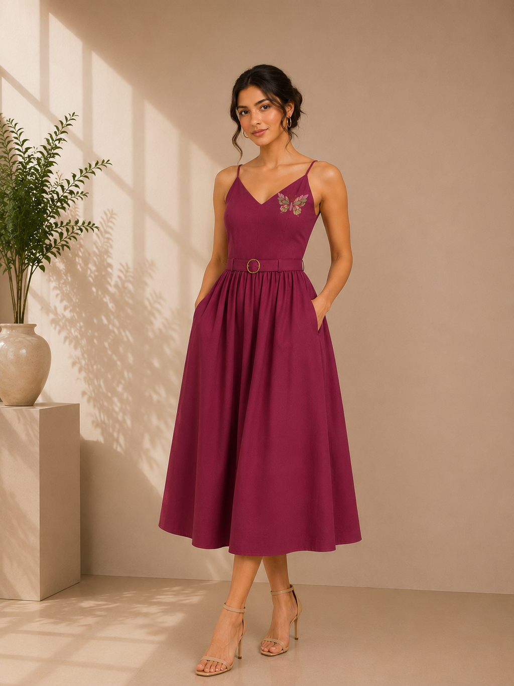 Butterfly Embroidered Cotton Midi Dress – Wine Bloom