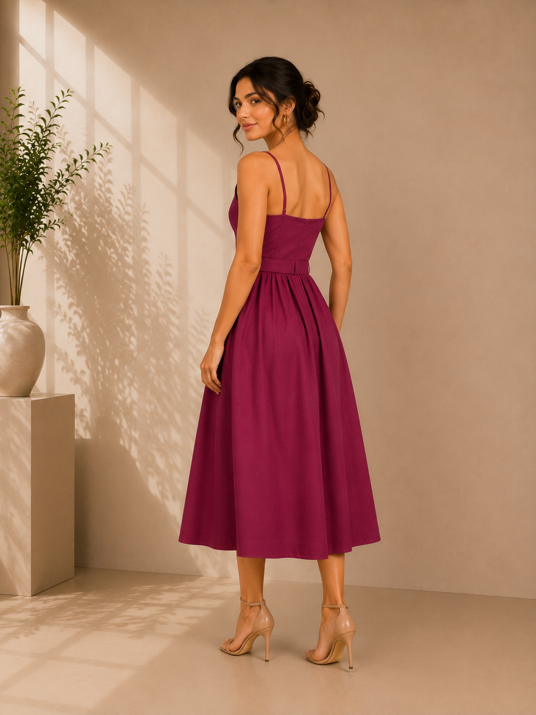 Butterfly Embroidered Cotton Midi Dress – Wine Bloom