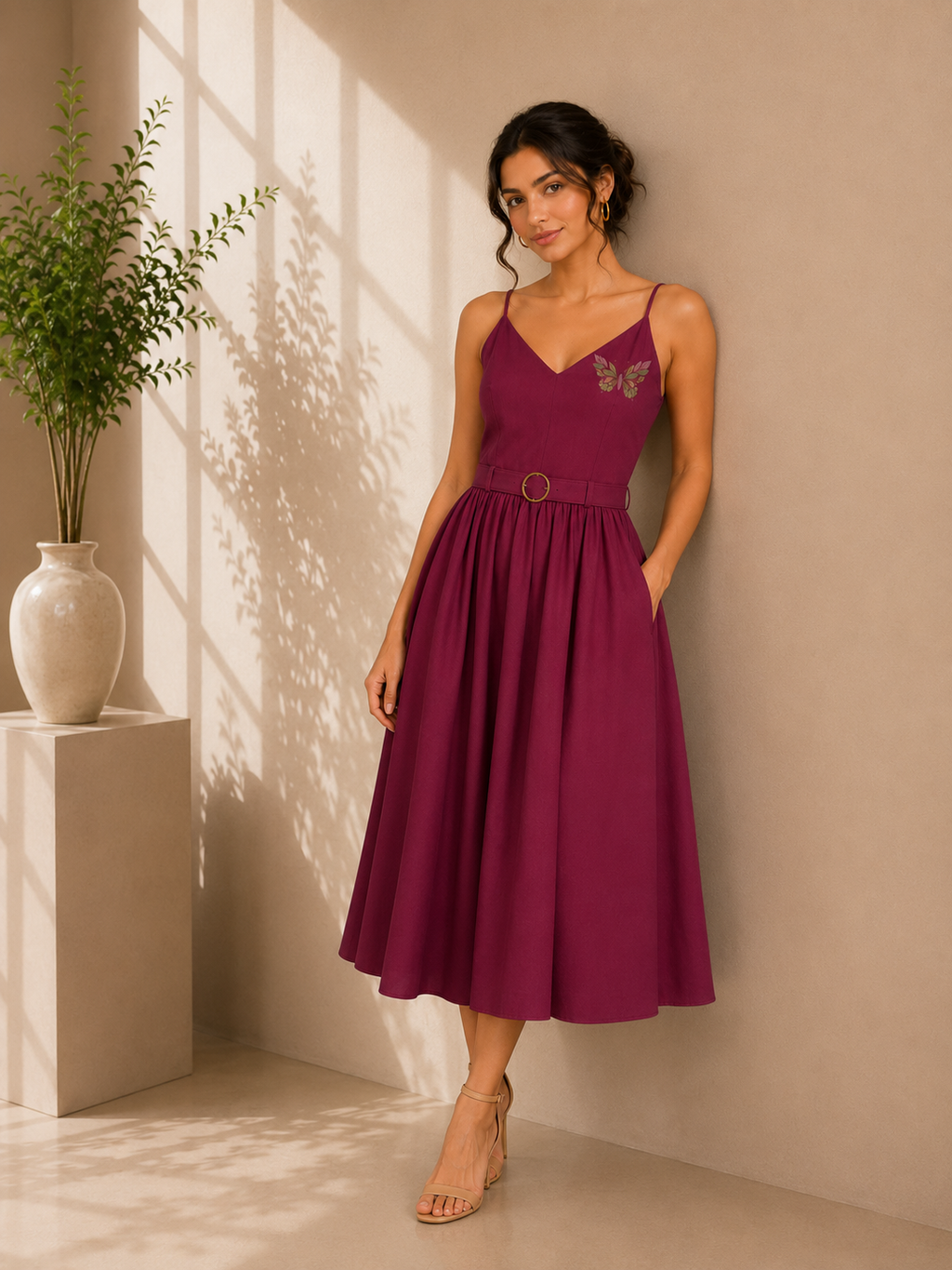 Butterfly Embroidered Cotton Midi Dress – Wine Bloom