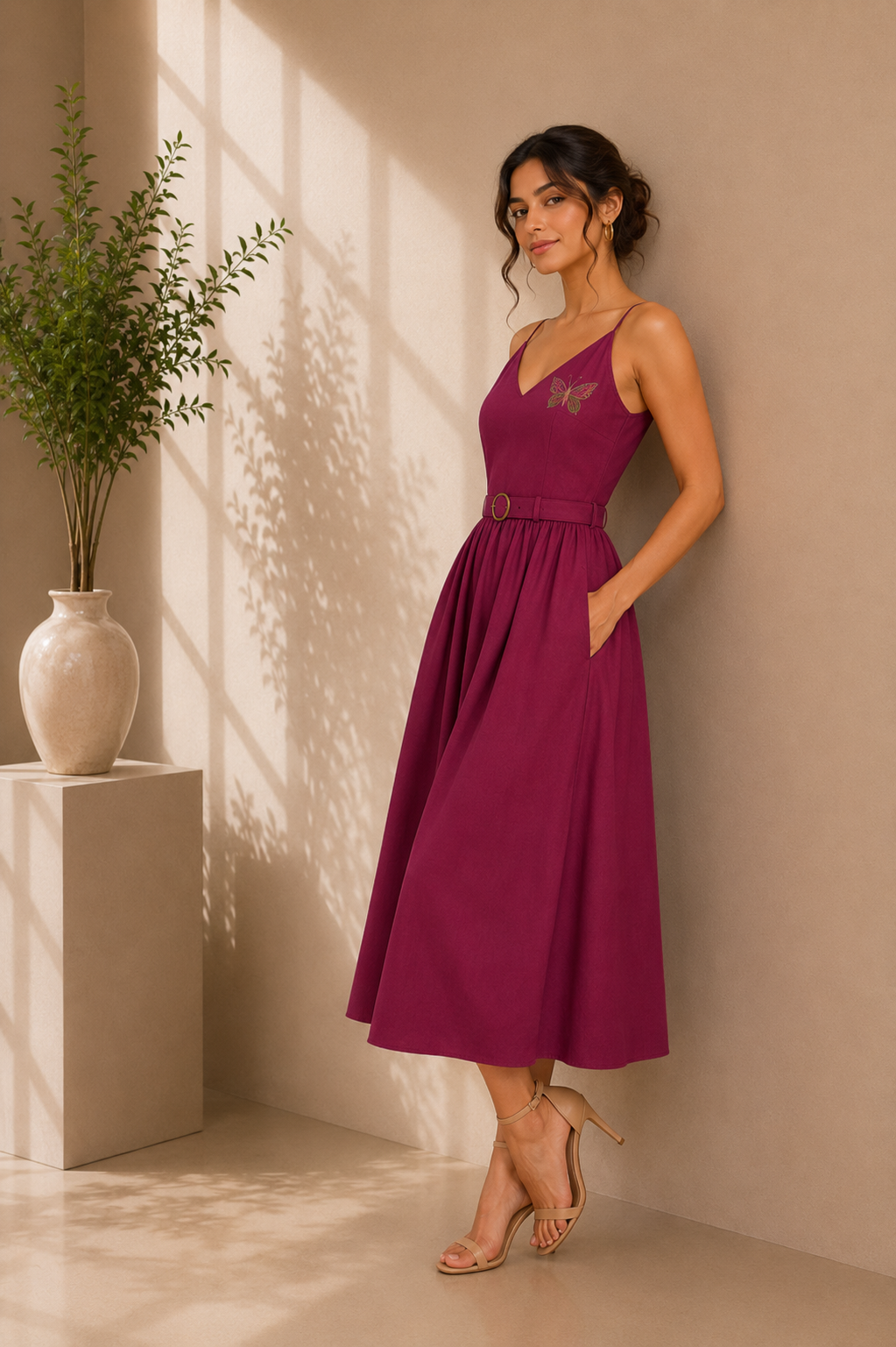 Butterfly Embroidered Cotton Midi Dress – Wine Bloom
