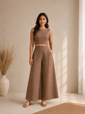 Textured Stripe Crop Top & Wide Leg Palazzo Co-Ord Set – Mocha Brown