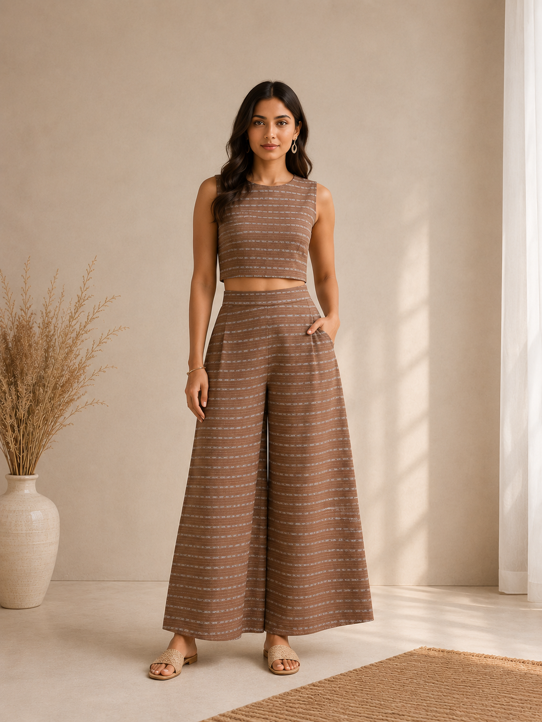 Textured Stripe Crop Top & Wide Leg Palazzo Co-Ord Set – Mocha Brown