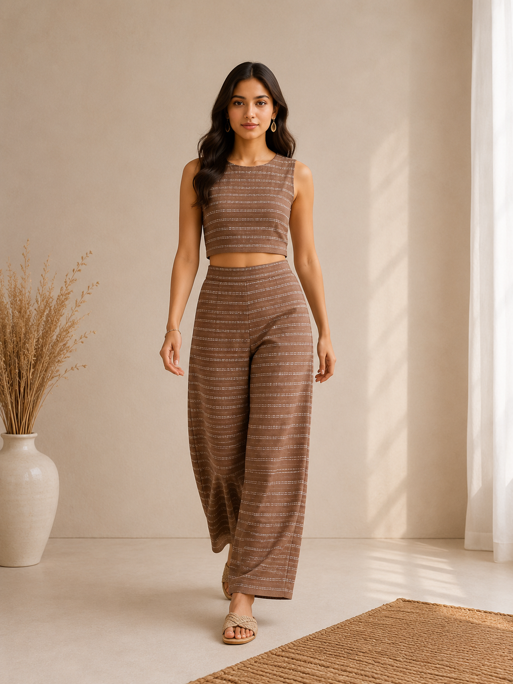 Textured Stripe Crop Top & Wide Leg Palazzo Co-Ord Set – Mocha Brown