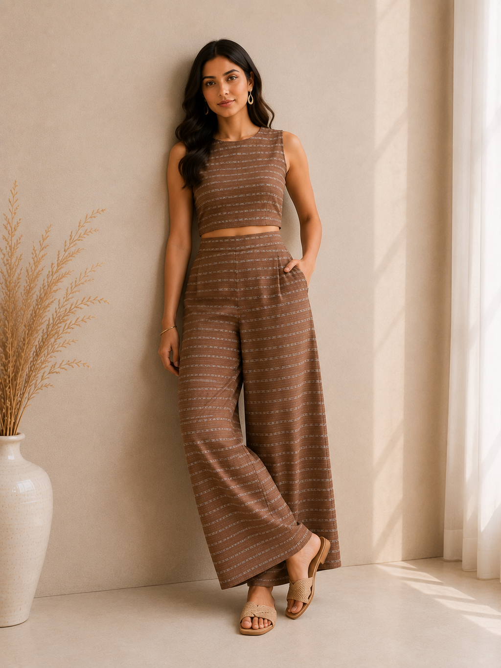 Textured Stripe Crop Top & Wide Leg Palazzo Co-Ord Set – Mocha Brown