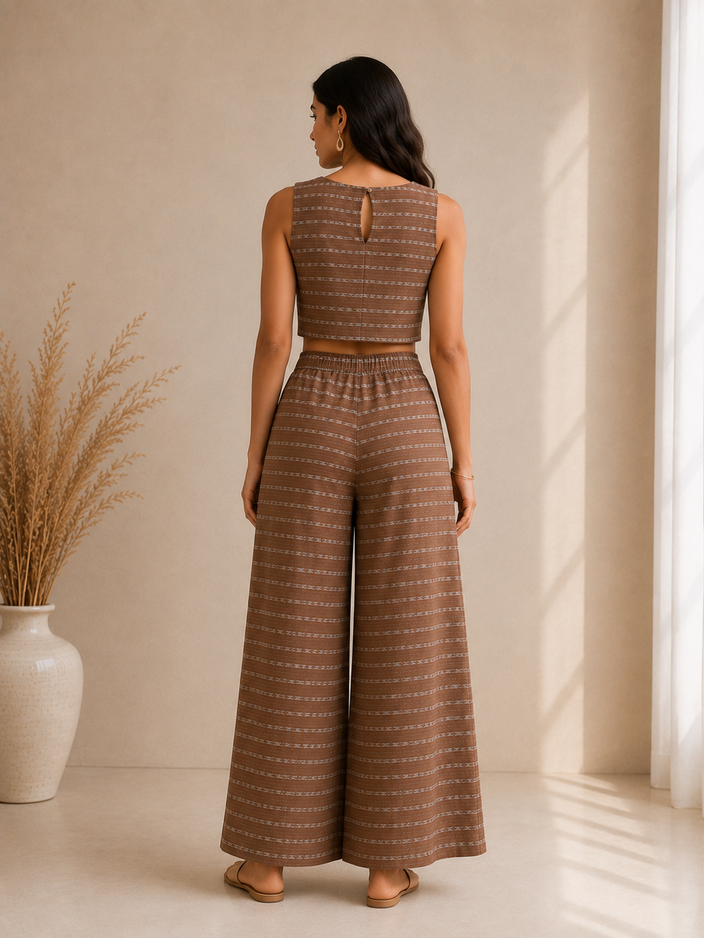 Textured Stripe Crop Top & Wide Leg Palazzo Co-Ord Set – Mocha Brown