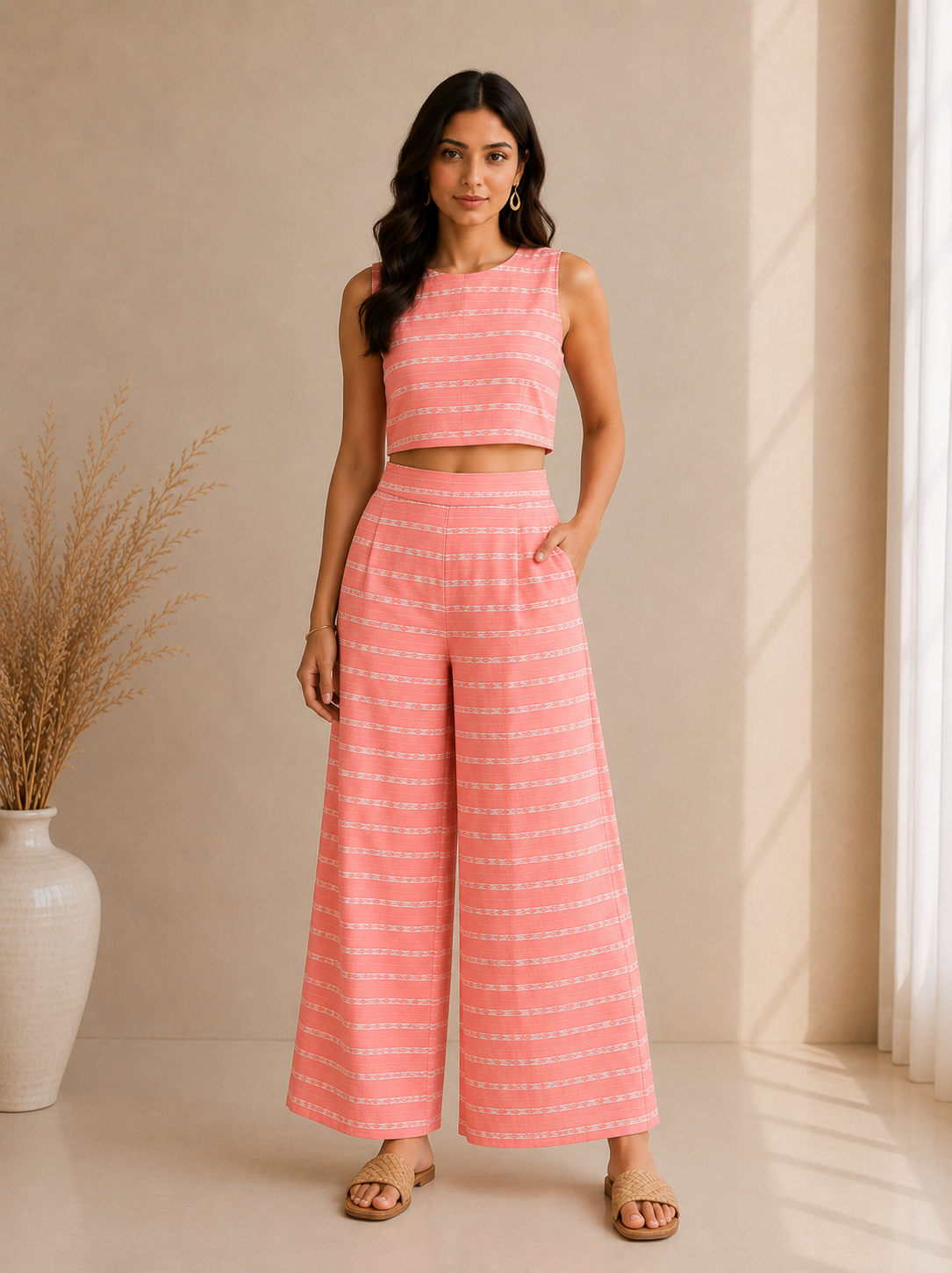 Textured Stripe Crop Top & Wide Leg Palazzo Co-Ord Set – Coral Pink