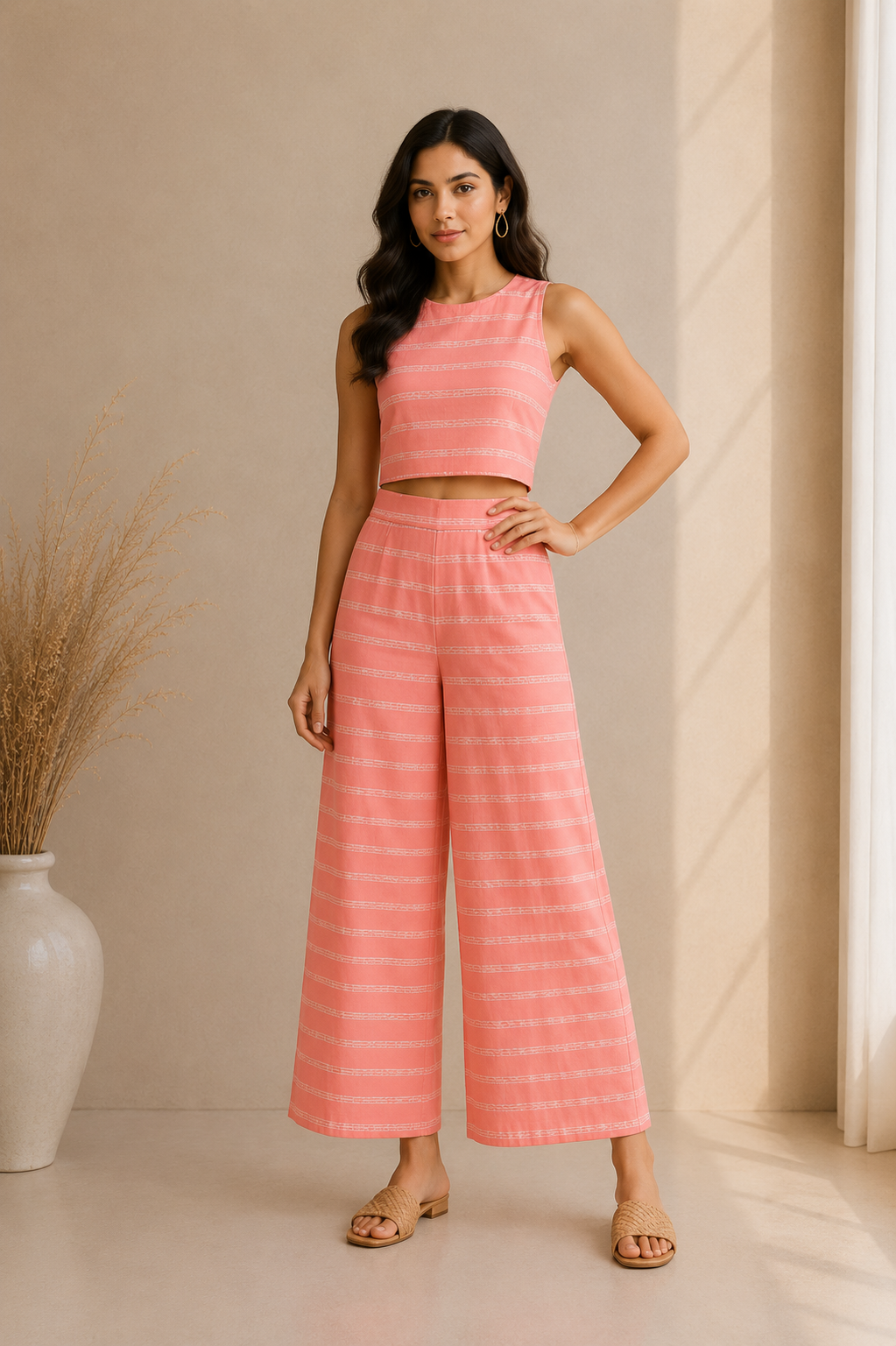 Textured Stripe Crop Top & Wide Leg Palazzo Co-Ord Set – Coral Pink