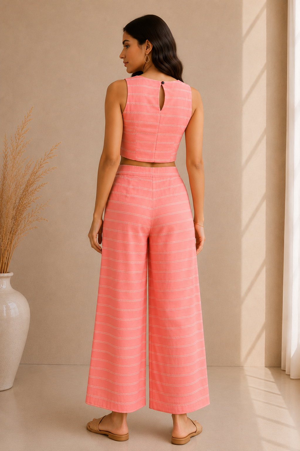 Textured Stripe Crop Top & Wide Leg Palazzo Co-Ord Set – Coral Pink