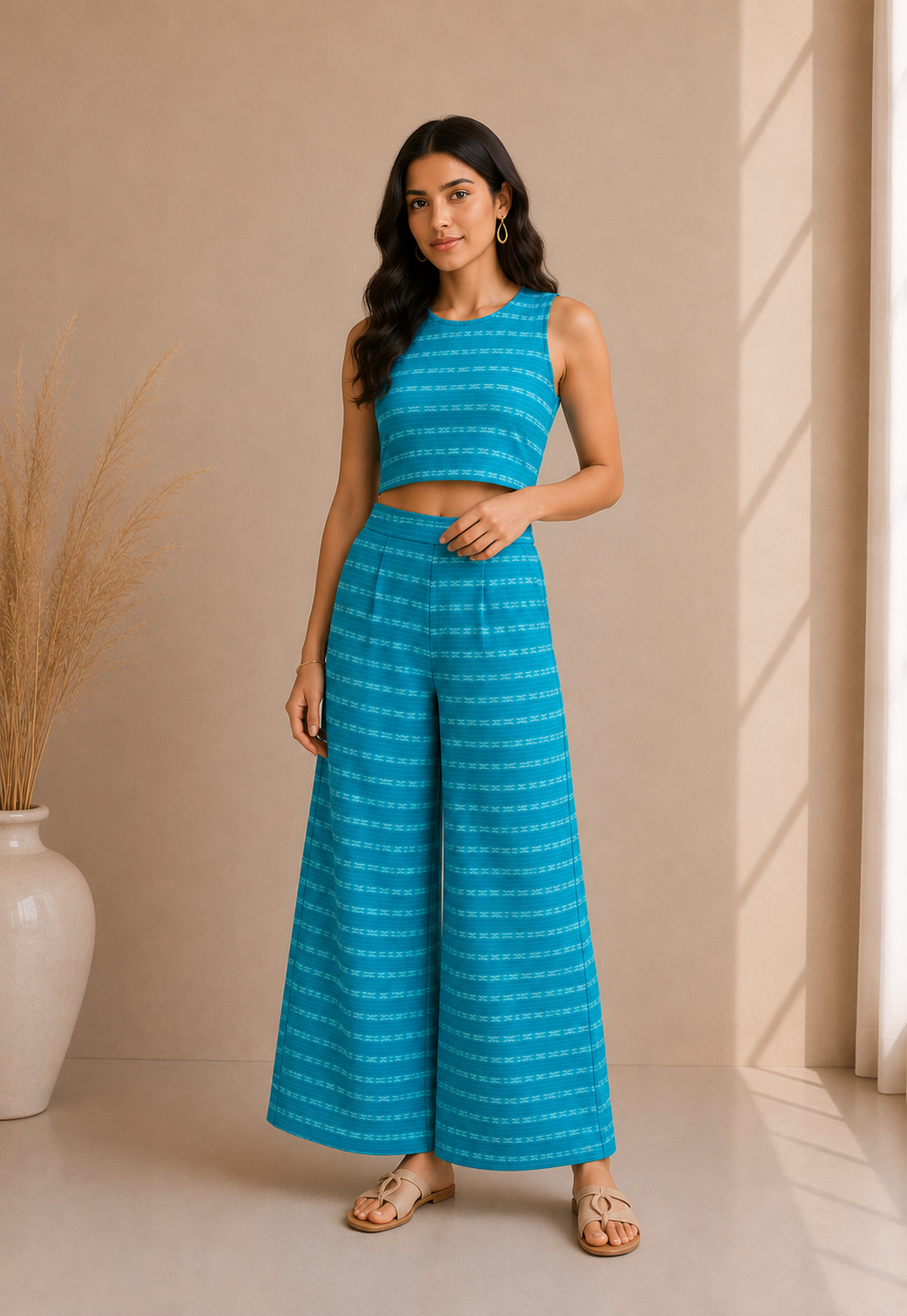 Textured Stripe Crop Top & Wide Leg Palazzo Co-Ord Set – Aqua Blue