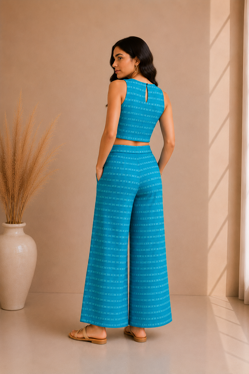 Textured Stripe Crop Top & Wide Leg Palazzo Co-Ord Set – Aqua Blue