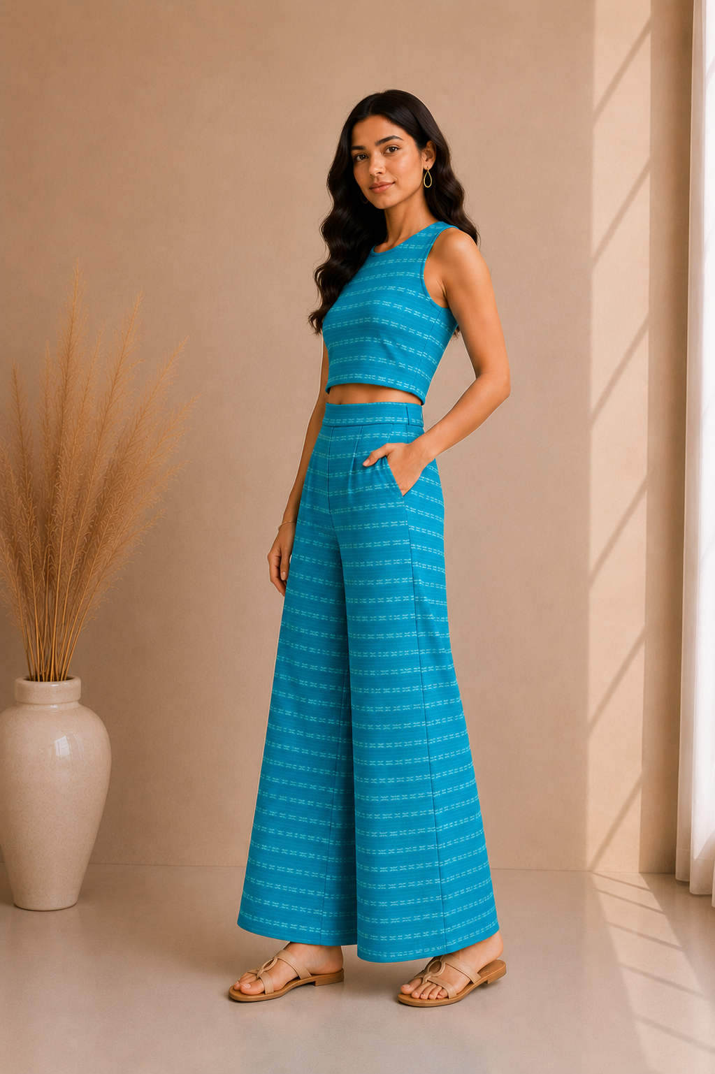 Textured Stripe Crop Top & Wide Leg Palazzo Co-Ord Set – Aqua Blue