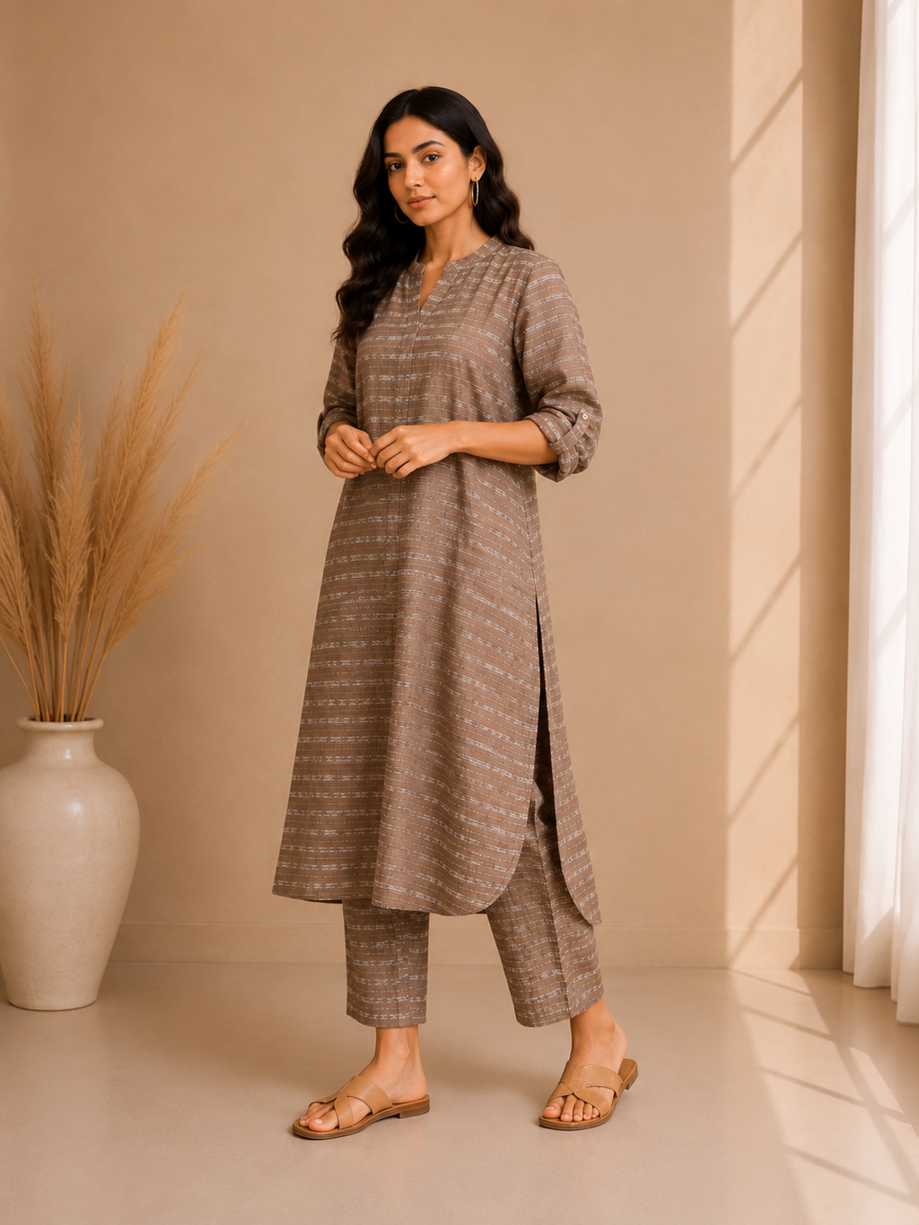 Textured Stripe Kurta & Straight Pant Co-Ord Set – Mocha Brown