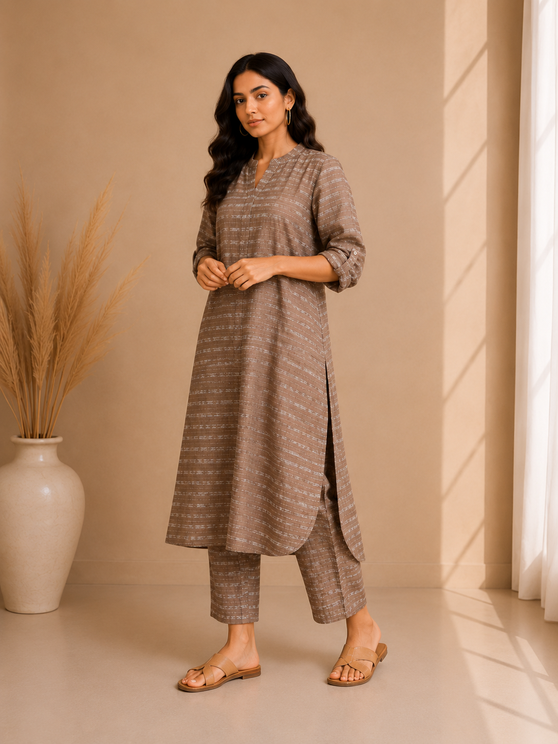 Textured Stripe Kurta & Straight Pant Co-Ord Set – Mocha Brown