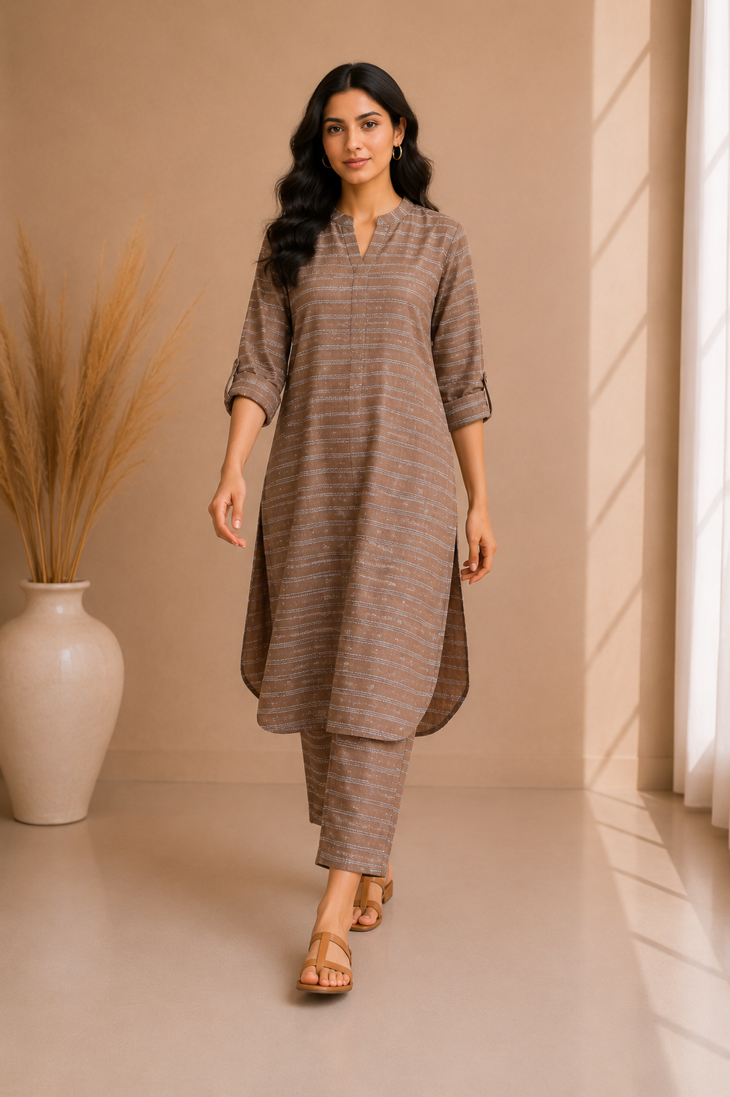 Textured Stripe Kurta & Straight Pant Co-Ord Set – Mocha Brown