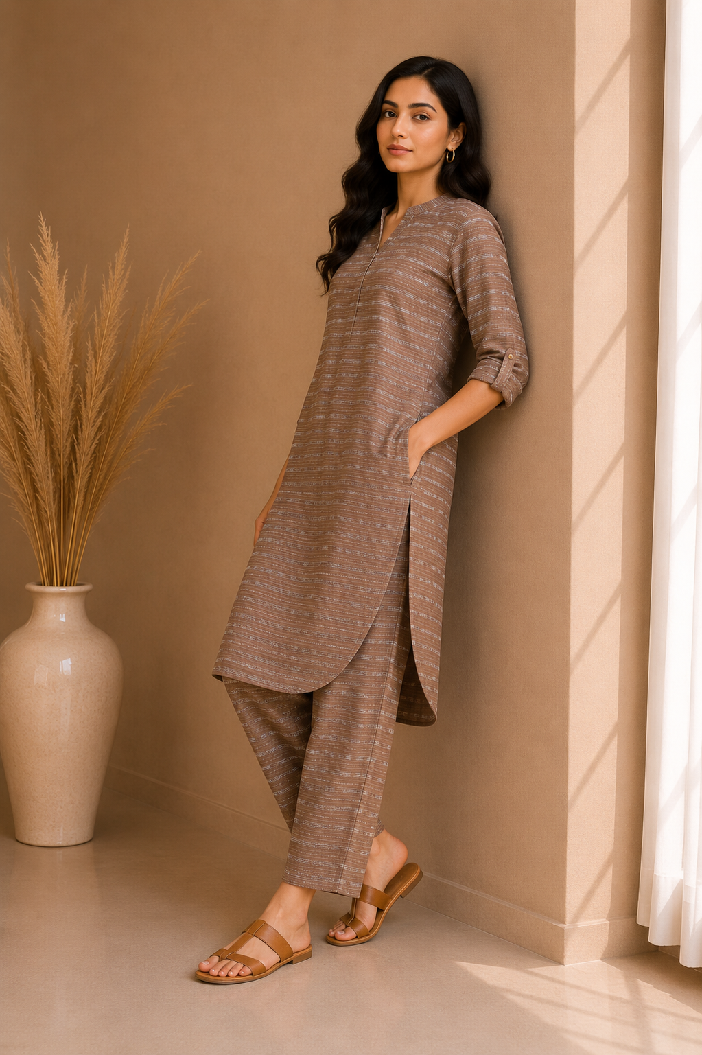 Textured Stripe Kurta & Straight Pant Co-Ord Set – Mocha Brown