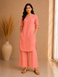 Textured Stripe Cotton Kurta & Wide Leg Palazzo Co-Ord Set – Coral Blush