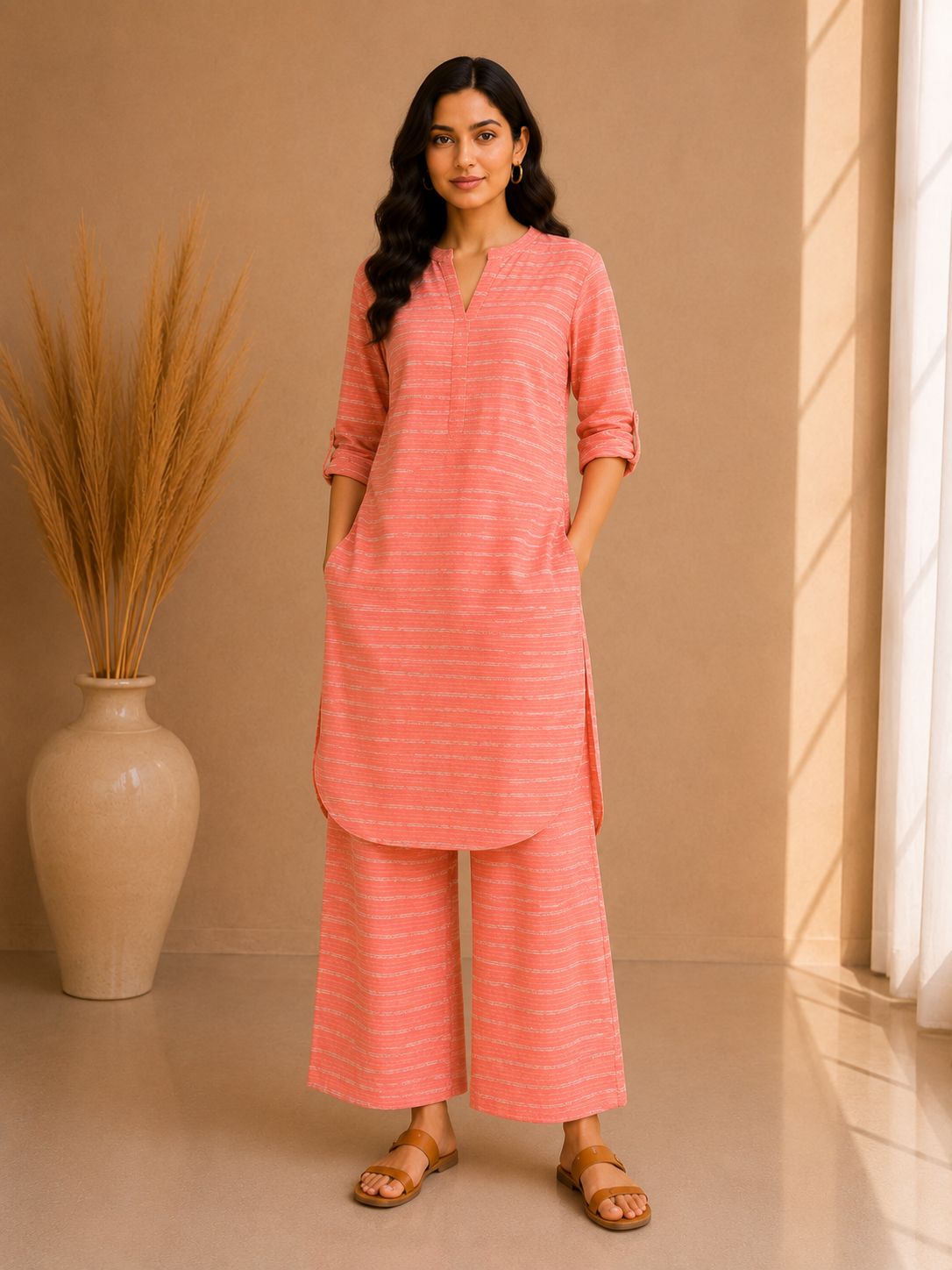 Textured Stripe Cotton Kurta & Wide Leg Palazzo Co-Ord Set – Coral Blush