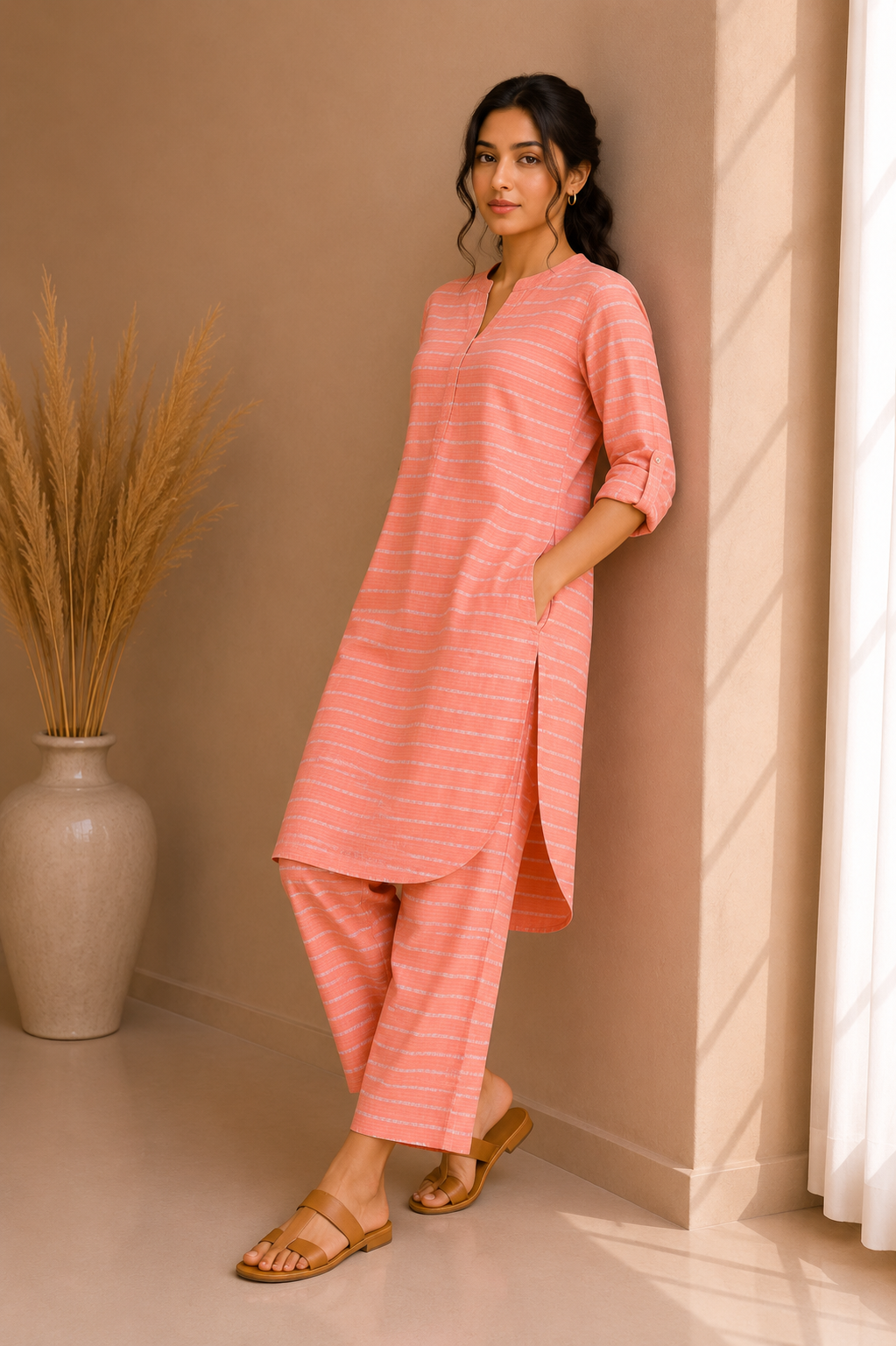 Textured Stripe Cotton Kurta & Wide Leg Palazzo Co-Ord Set – Coral Blush