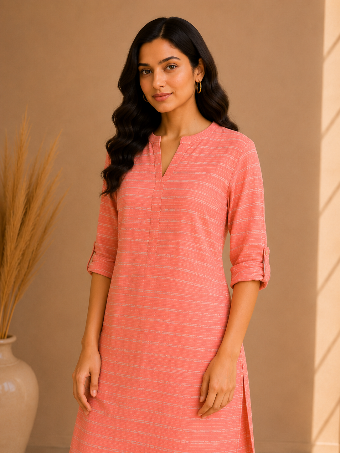 Textured Stripe Cotton Kurta & Wide Leg Palazzo Co-Ord Set – Coral Blush