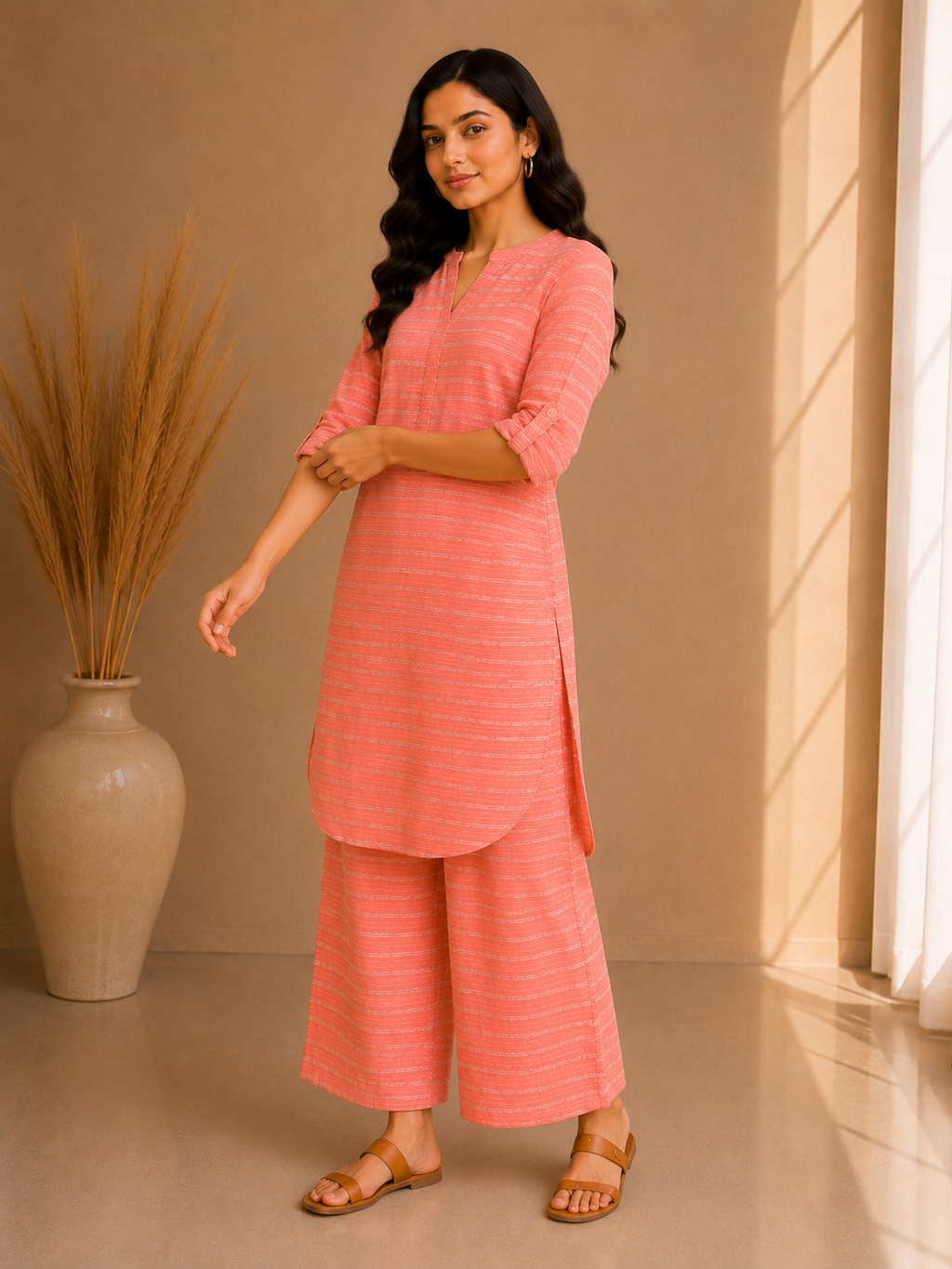Textured Stripe Cotton Kurta & Wide Leg Palazzo Co-Ord Set – Coral Blush