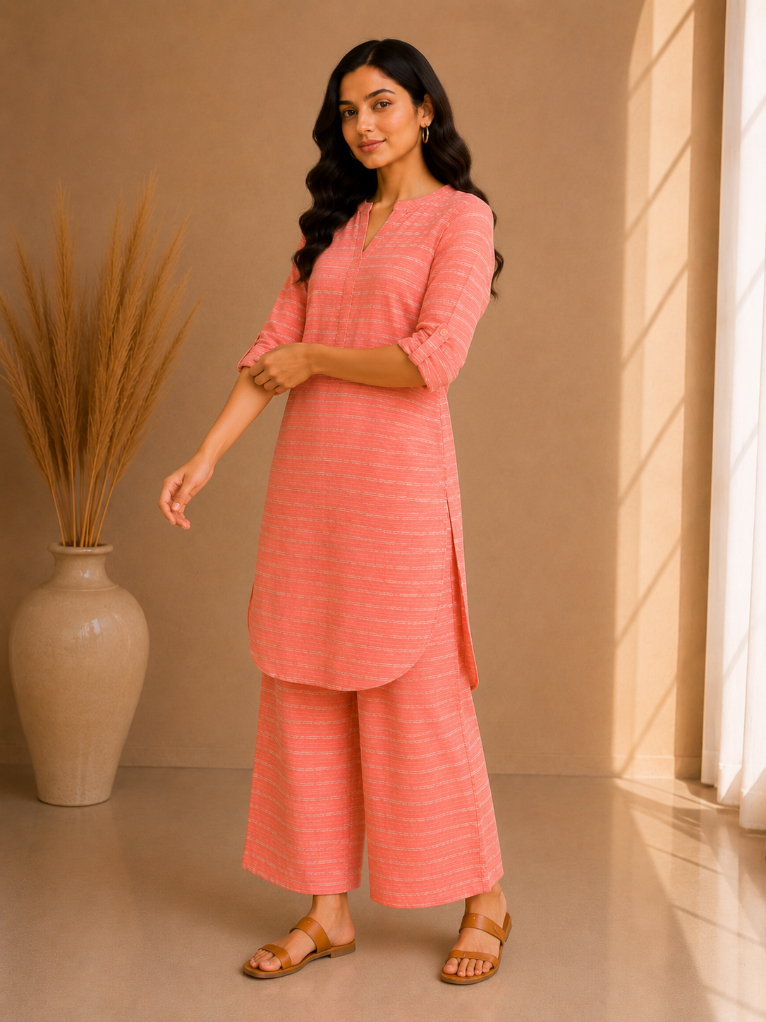 Textured Stripe Cotton Kurta & Wide Leg Palazzo Co-Ord Set – Coral Blush