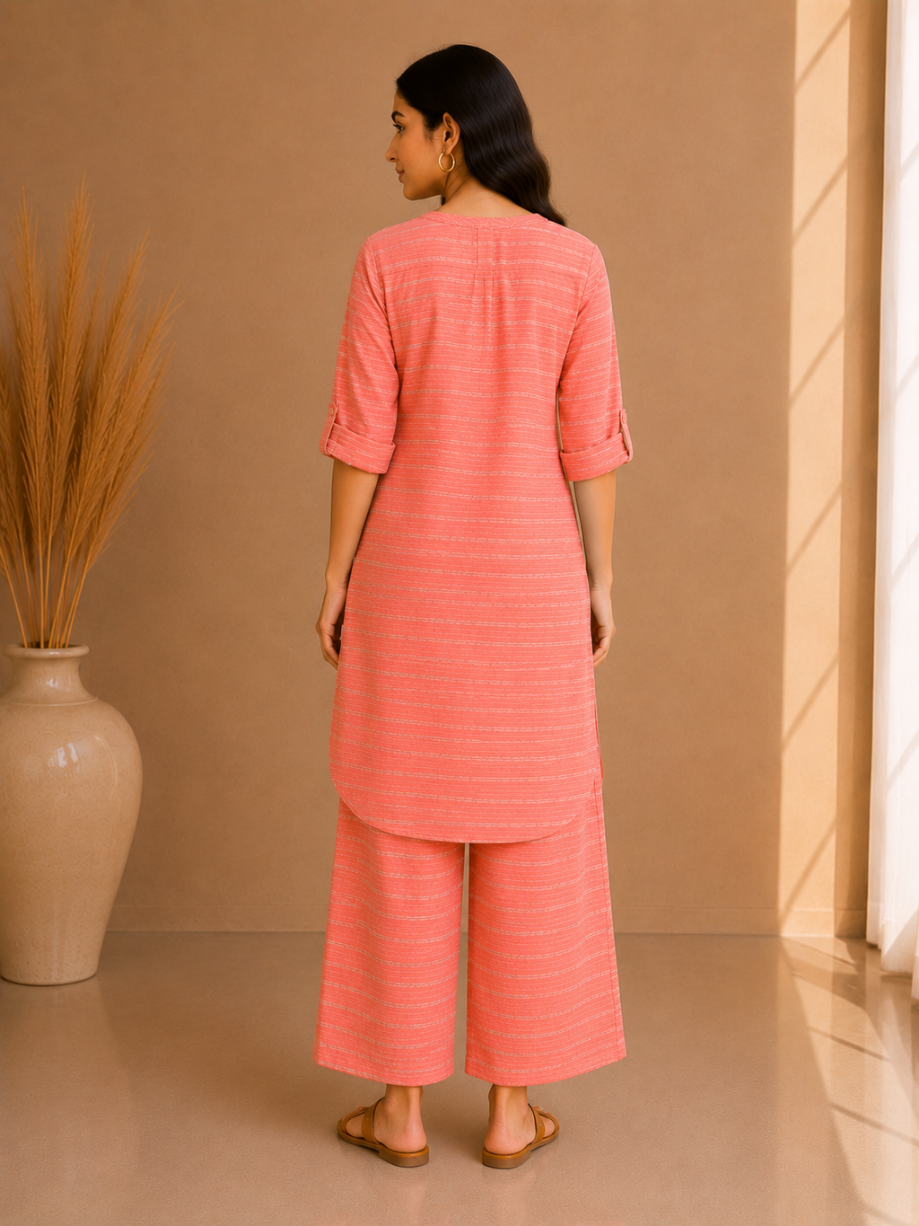 Textured Stripe Cotton Kurta & Wide Leg Palazzo Co-Ord Set – Coral Blush