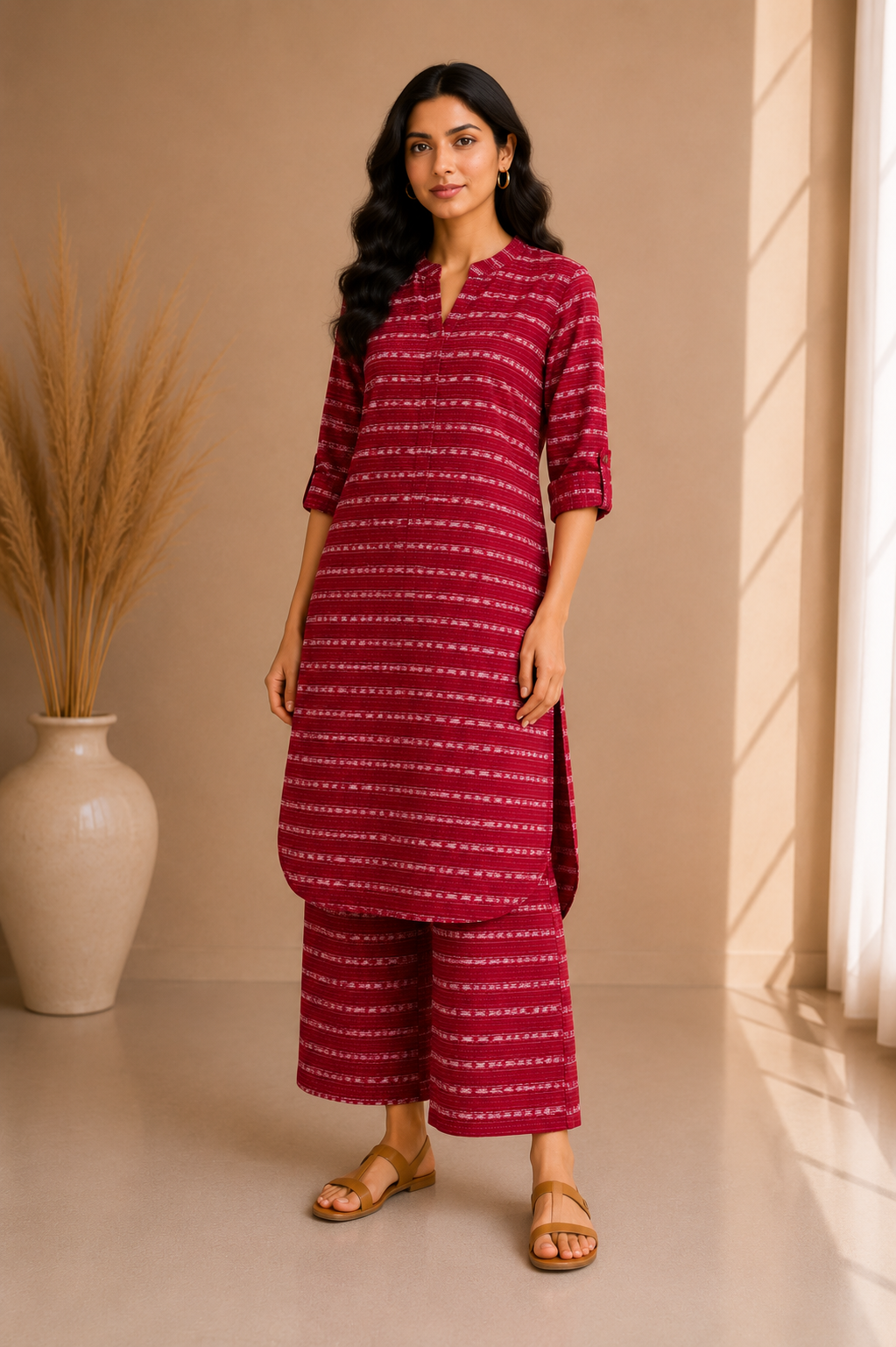 Textured Stripe Cotton Kurta & Palazzo Set – Crimson Red