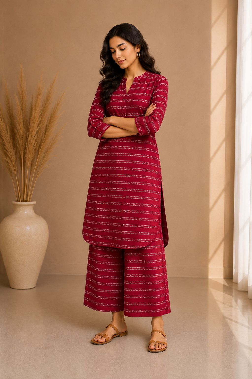 Textured Stripe Cotton Kurta & Palazzo Set – Crimson Red