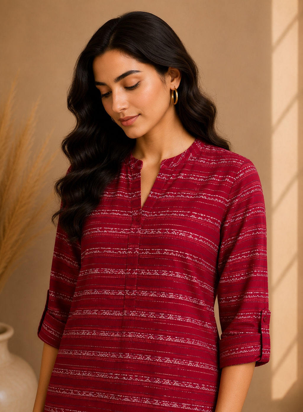 Textured Stripe Cotton Kurta & Palazzo Set – Crimson Red