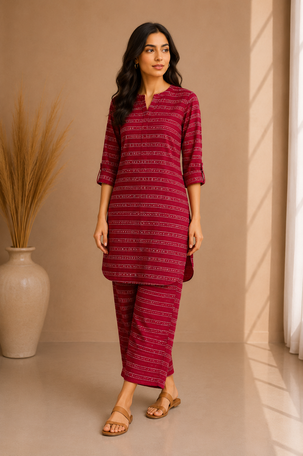 Textured Stripe Cotton Kurta & Palazzo Set – Crimson Red