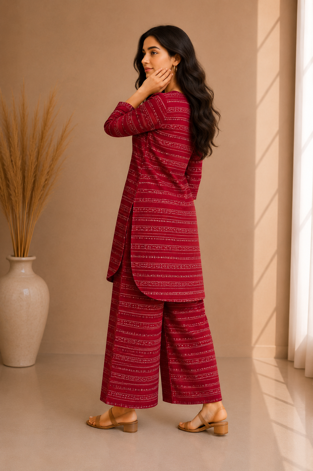 Textured Stripe Cotton Kurta & Palazzo Set – Crimson Red