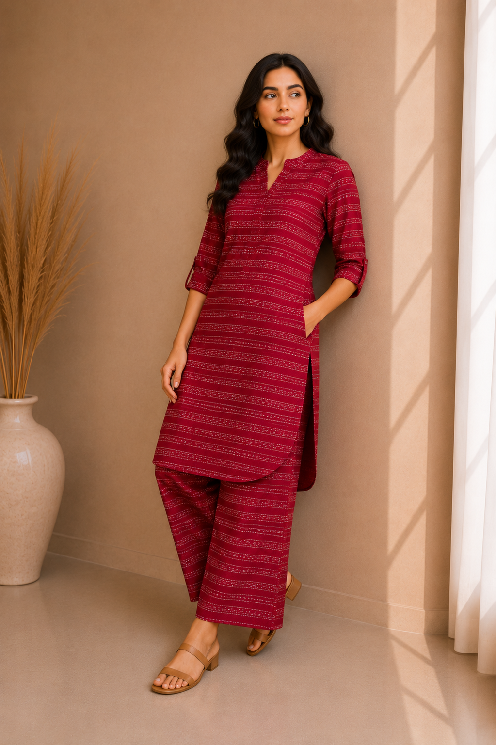 Textured Stripe Cotton Kurta & Palazzo Set – Crimson Red