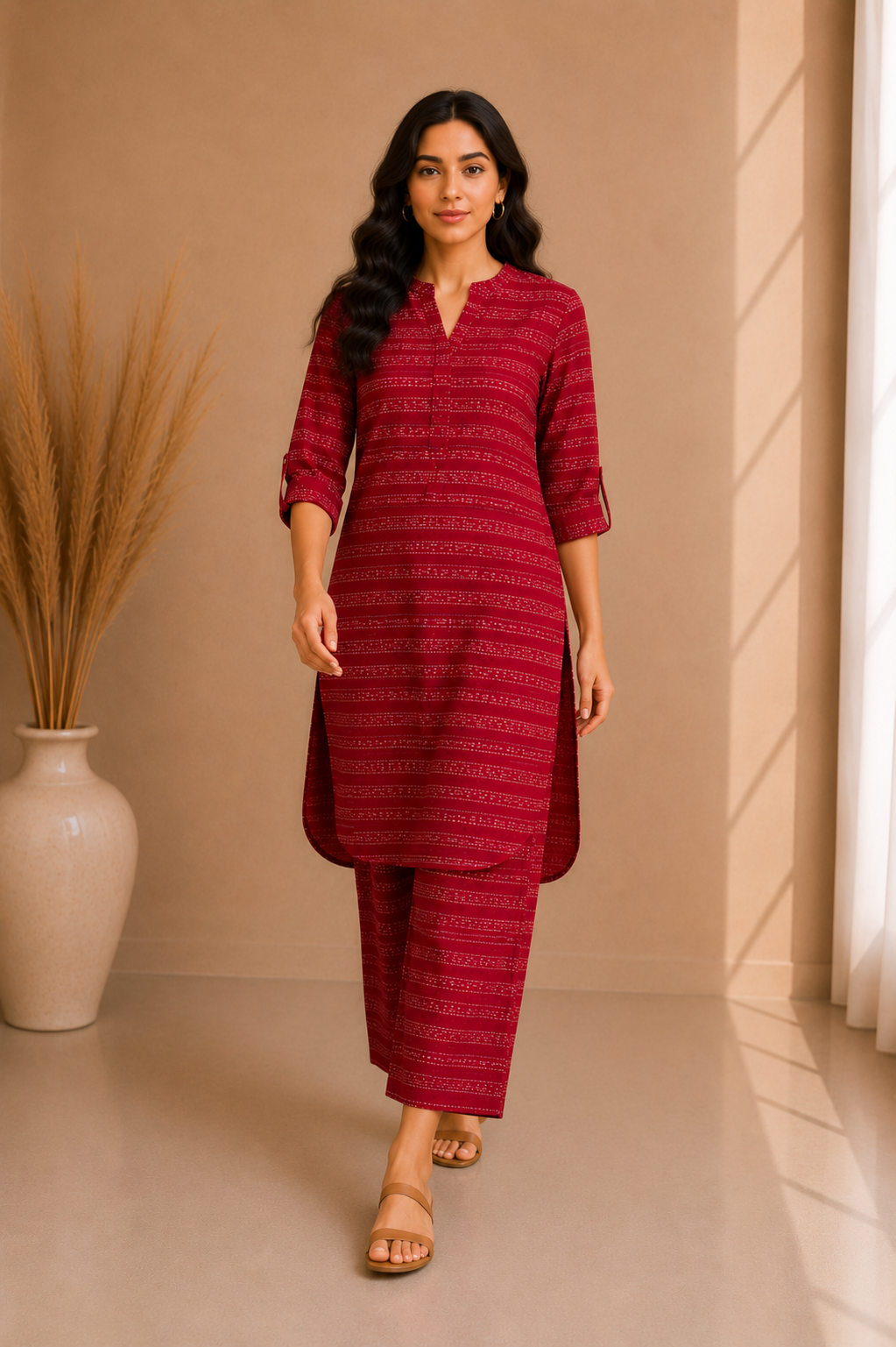 Textured Stripe Cotton Kurta & Palazzo Set – Crimson Red