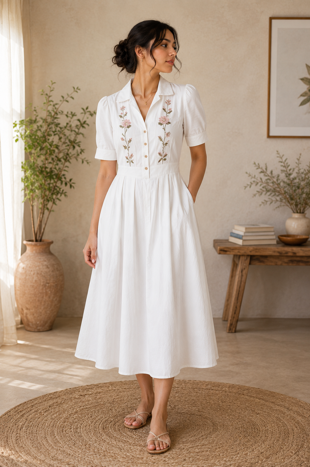 Classic Collar Embroidered Cotton Midi Dress – Off White