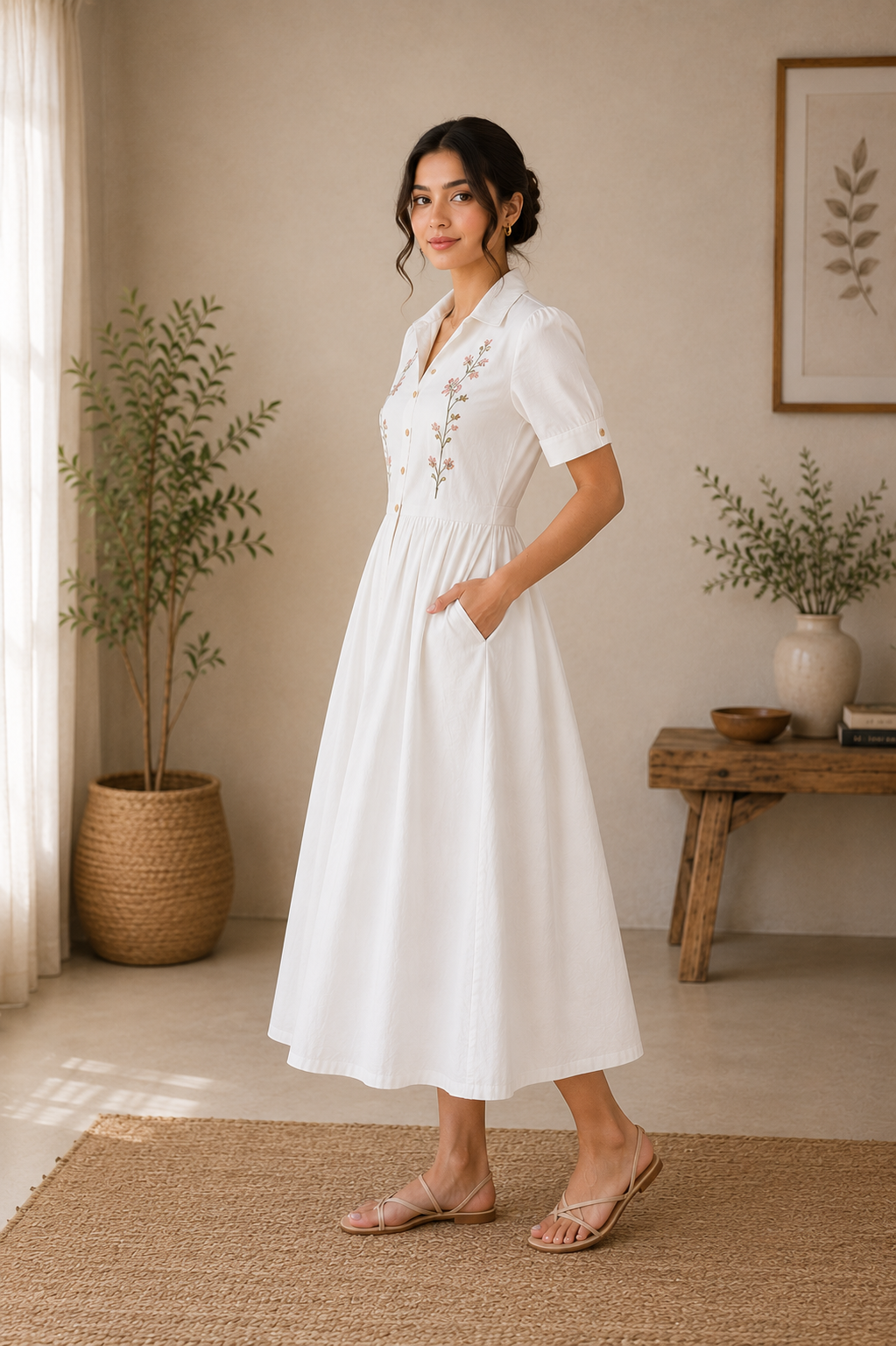 Classic Collar Embroidered Cotton Midi Dress – Off White
