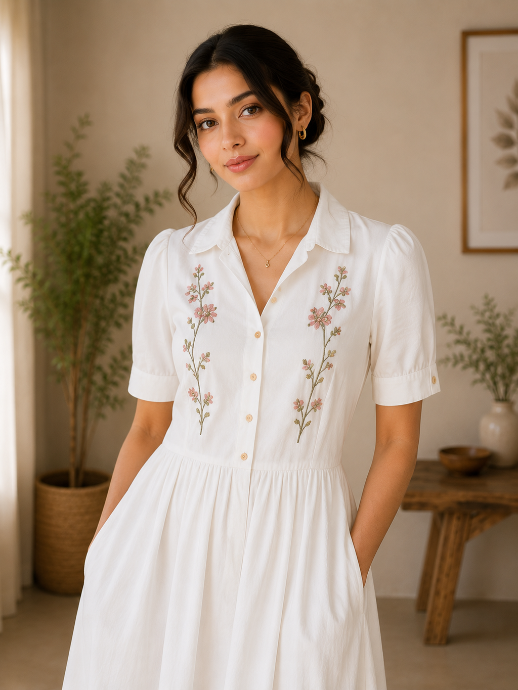 Classic Collar Embroidered Cotton Midi Dress – Off White
