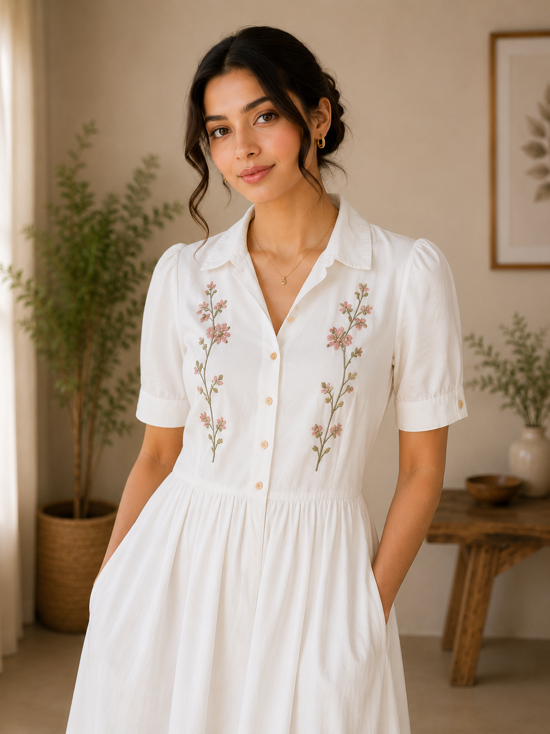 Classic Collar Embroidered Cotton Midi Dress – Off White