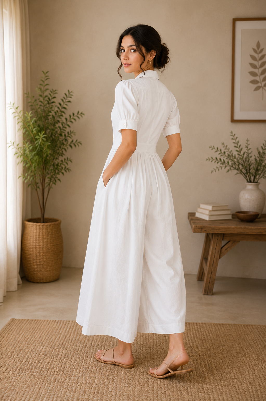 Classic Collar Embroidered Cotton Midi Dress – Off White